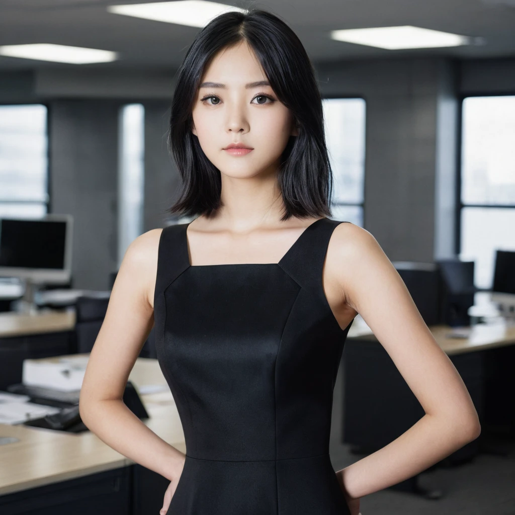 Yui, photo of age 20 year female, black shoulder length hair, (film grain, highly detailed glossy eyes, high detailed skin, skin pores); wear black tight dress, standing in empty office, full body photo