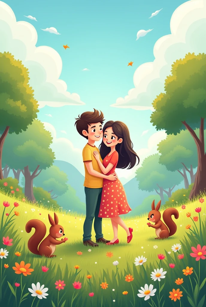 I want a cartoon-type drawing of a couple in a field surrounded by nature, flowers, trees and squirrels.