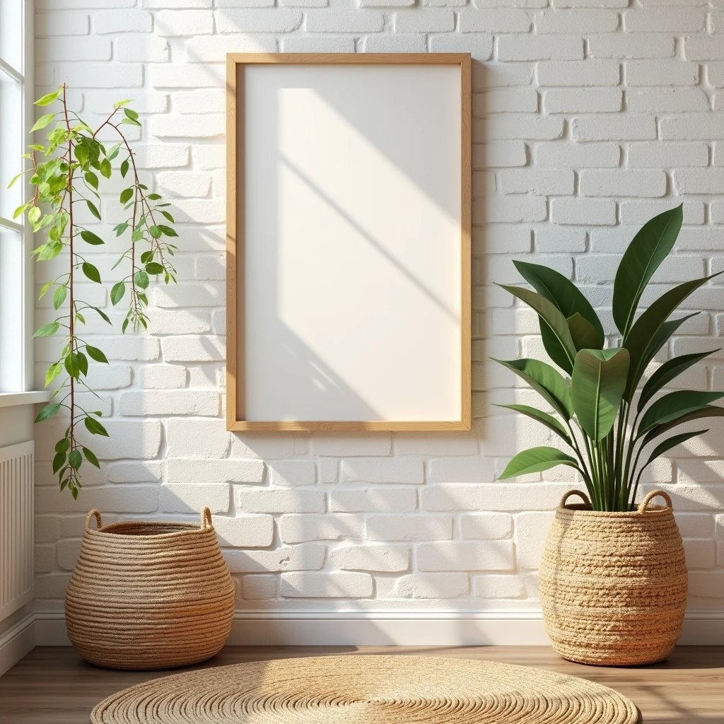 A warm wooden DIN A ratio frame hanging on a whitewashed brick wall. The scene includes a woven rug, a potted plant, and a basket made of natural fibers, adding a cozy, bohemian feel.