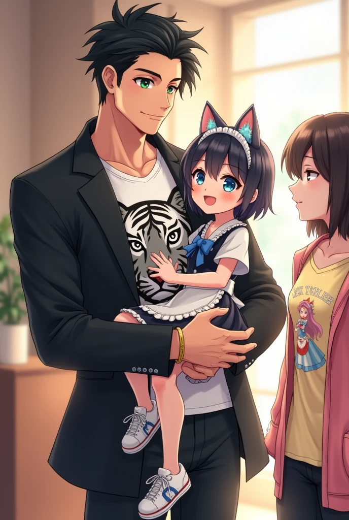 A 2 anime fantasy handsome guy with bright green eyes , a black fit coat with and a white t-shirt with a picture of black tiger in the middle of that . black neat hair and a soft kindly smile on his face , a strong body as a sign of exerciser being , lifted up and spine around an innocent 4-year-old fantasy anime girl with big and blue eyes that twinkle in the room light, playfully and softly chuckles with blushed cheeks, while she is suspended in his arms , Her arms are slightly opened as a sign of joy , her white and black and blue baby maid outfit with unreal cat ears and two blue bow ties on her head, fairly long straight black hair, in the middle of the living room , and in a moment , An 25-year-old fantasy anime gangster strong girl with shiny blue eyes, an enjoyable look and a soft smile on her face while chuckle , a kind and affectional look, blushed cheeks, a light yellow t-shirt with a fantasy princess in flower view in the middle, and a pink jacket with white lines on it. White and black sports shoes and golden bracelet with golden flower design, a sky blue jean , long straight blue hair , in the middle of the living room , looking to that guy and girl . enjoying moment as a family