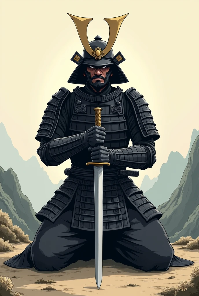 black samurai kneeling with a sword in his hand stuck in the ground anime style and with a samurai hat