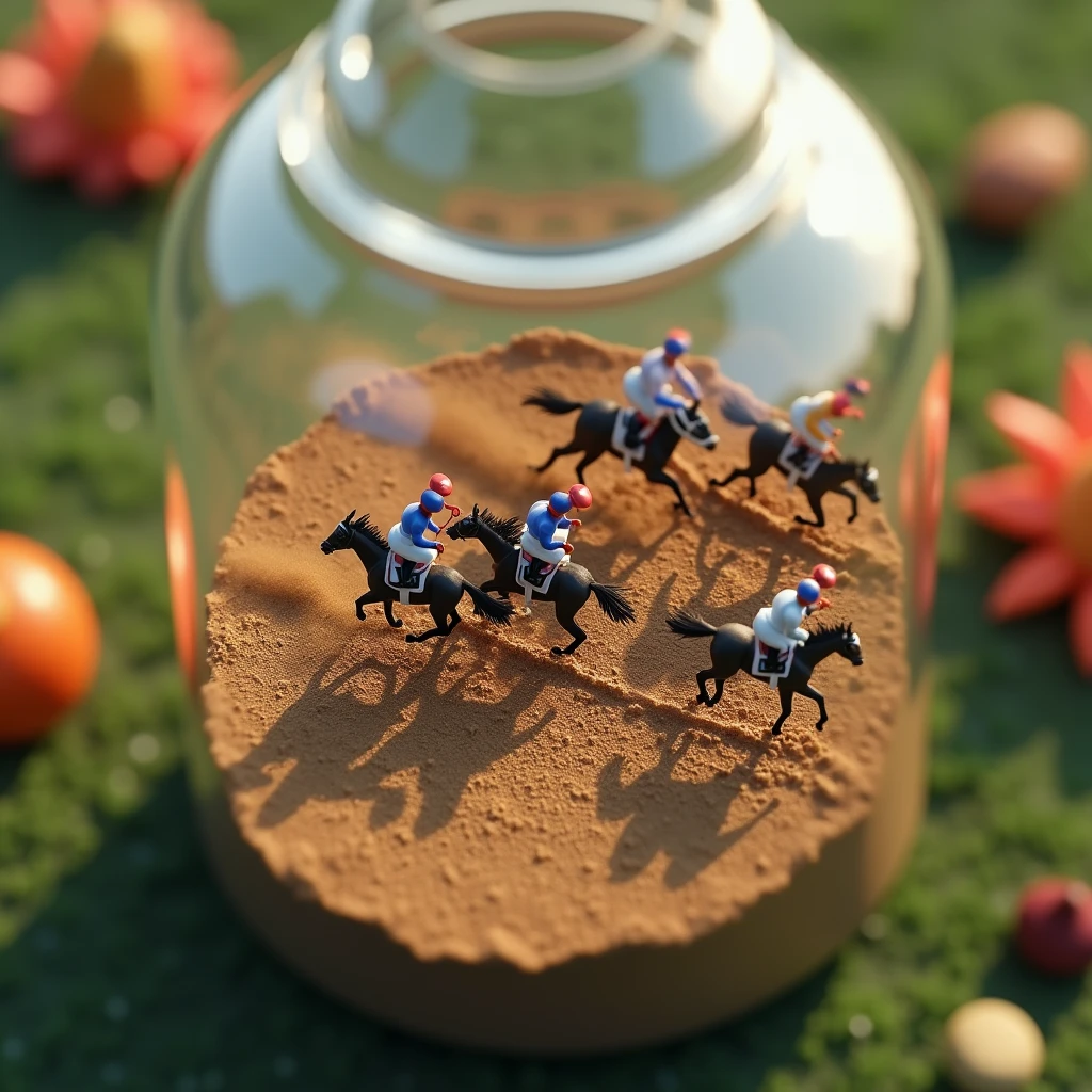 (masterpiece), (Highest quality), (Super detailed), (Ultra-high resolution), (Photorealistic:2.0),(RAW Photos:2.0), 8k, wallpaper, (glass jar:1.45), (Top view of microscopic 5 horses race at the hippodrome), (horses and jockeys are tiny), (horses and jockeys are inside the jar), (far view perspective), (From above:2.0), (horses trapped in a glass jar), (behind glass), (5 Horses and 5 jockeys racing for victory to the finish line on clay in an oval racecourse). good lighting, photorealistic: 1.37, masterpiece, best quality, raw photo, absurd resolution, UHD, high resolution, hdr, hiperrealista, 8k,(dynamic), Dust rises behind the horses.