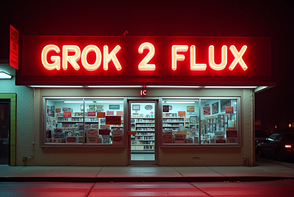 A 1980s Video store with a large neon sign with text that reads "GROK 2 FLUX!"