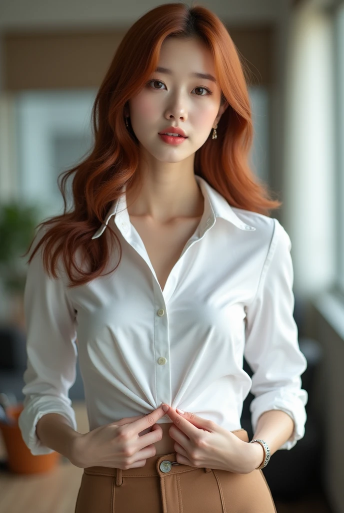8k, RAW photo, top quality, masterpiece: 1.2), extremely detailed, super high resolution, (real, real photo: 1.37), portrait, high definition RAW color photo, professional photo, very detailed and beautiful, very detailed, 8k wallpaper, great detail, large file size, official art, very detailed CG Unity 8k wallpaper, very detailed beautiful girl, very detailed face, very detailed eyes, very detailed skin, very detailed fingers, very detailed nose, very detailed mouth, very beautiful face and eyes, full body, beautiful woman in the office, big breasts, well-proportioned body, Korean girl, reddish brown hair, white skin, brown short skirt, white shirt, take off shirt