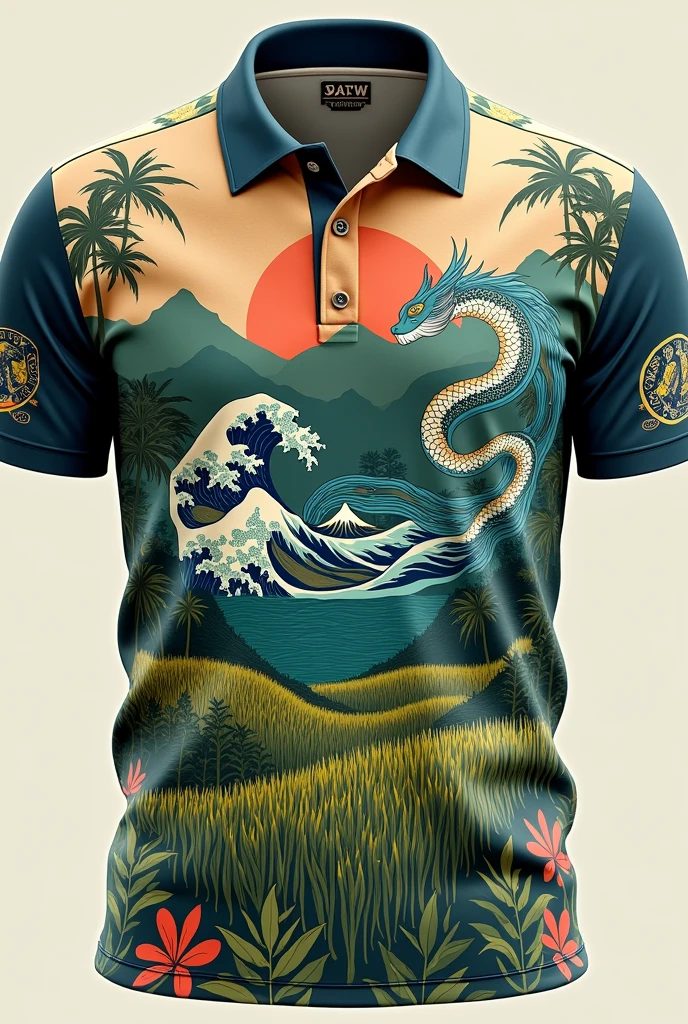 (Sublimation Quarter zip polo)(front and back)(Color:brown,green,white,blue)(Design:Mythical Creature from The Philippines,waves of the sea,nature,like mountain,field of rice)(pattern lines:from bisayan)