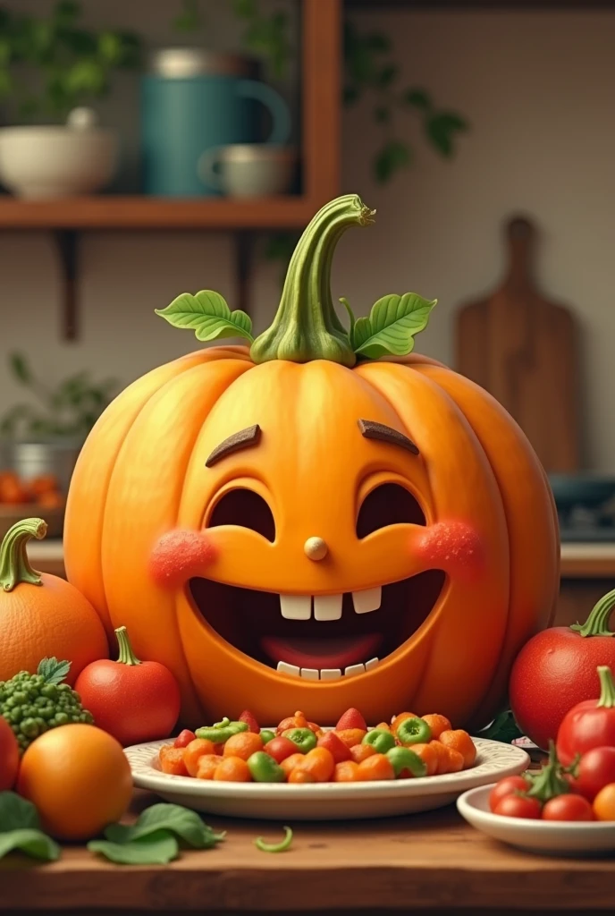 Generate an image of a cute orange pumpkin happily talking to vegetables felwizes with its presence in the background of a kitchen with colorful dishes 