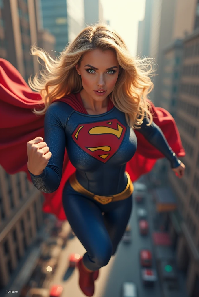 ultra realistic, photography, long straight blonde hair, (wavy elegant hair, blue eyes, perfect round lips, 30 years old, gorgeous face, voluptuous figure, perfect fit body, big enhanced breasts), Long eyelashes, ((best quality, 8 thousand, masterpiece:1.4)), Highly detailed face and skin textures, detailed eyes, she is wearing a tight and sexy Supergirl costume and flying through the Streets of Manhattan, she is raising one fist high up, full body picture, dynamic shot, action shot,