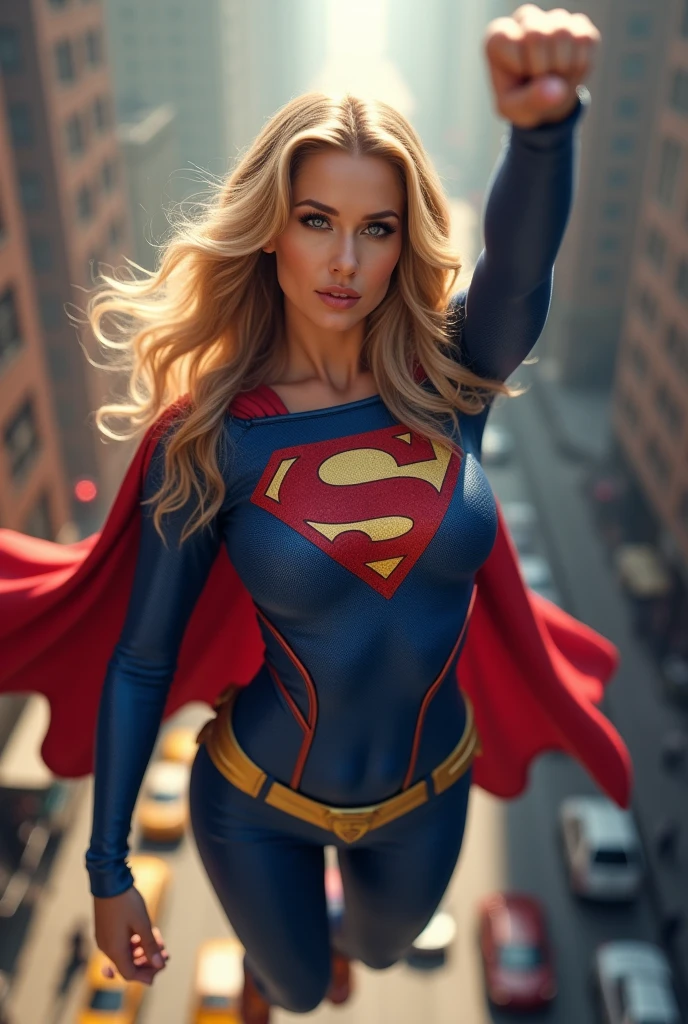 ultra realistic, photography, long straight blonde hair, (wavy elegant hair, blue eyes, perfect round lips, 30 years old, gorgeous face, voluptuous figure, perfect fit body, big enhanced breasts), Long eyelashes, ((best quality, 8 thousand, masterpiece:1.4)), Highly detailed face and skin textures, detailed eyes, she is wearing a tight and sexy Supergirl costume and flying through the Streets of Manhattan, she is raising one fist high up, full body picture, dynamic shot, action shot,