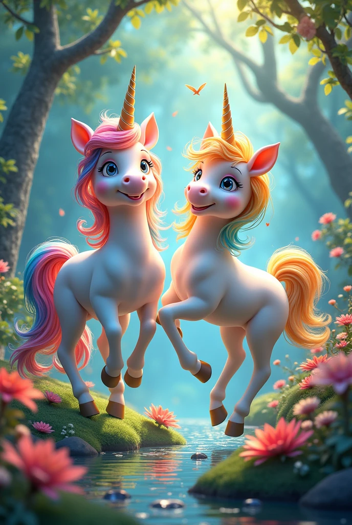 Two happy unicorns with rainbow hair in a brightly lit enchanted forest with flowers and fairies and dolphins and mermaids