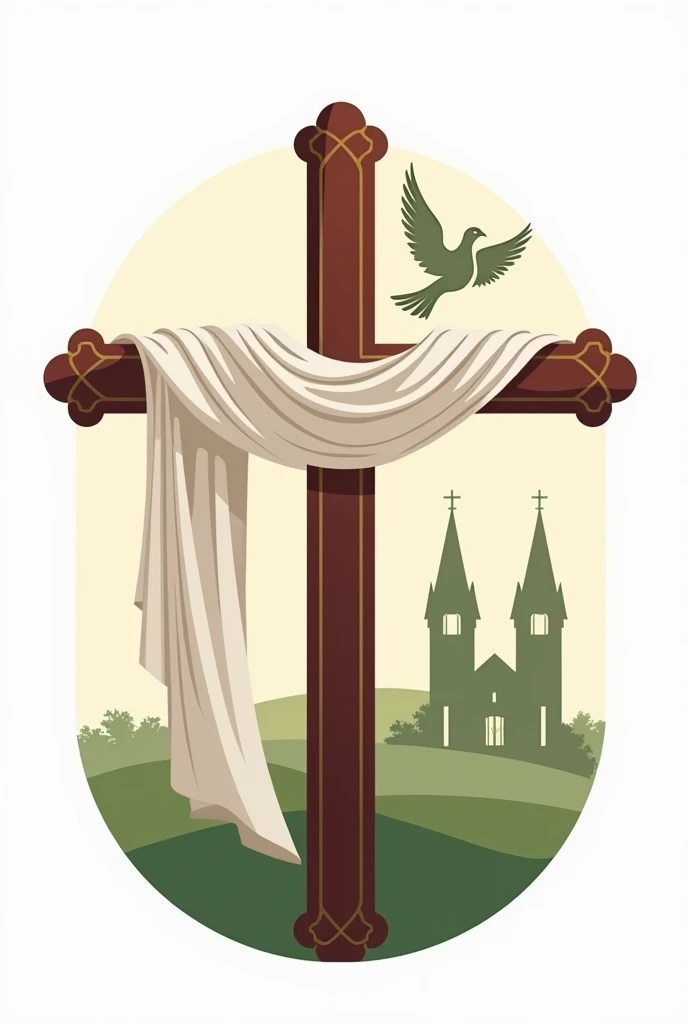 Church logo with cross in the front with a white cloth in it and church in the back and dove with leaves design and maroon and green color