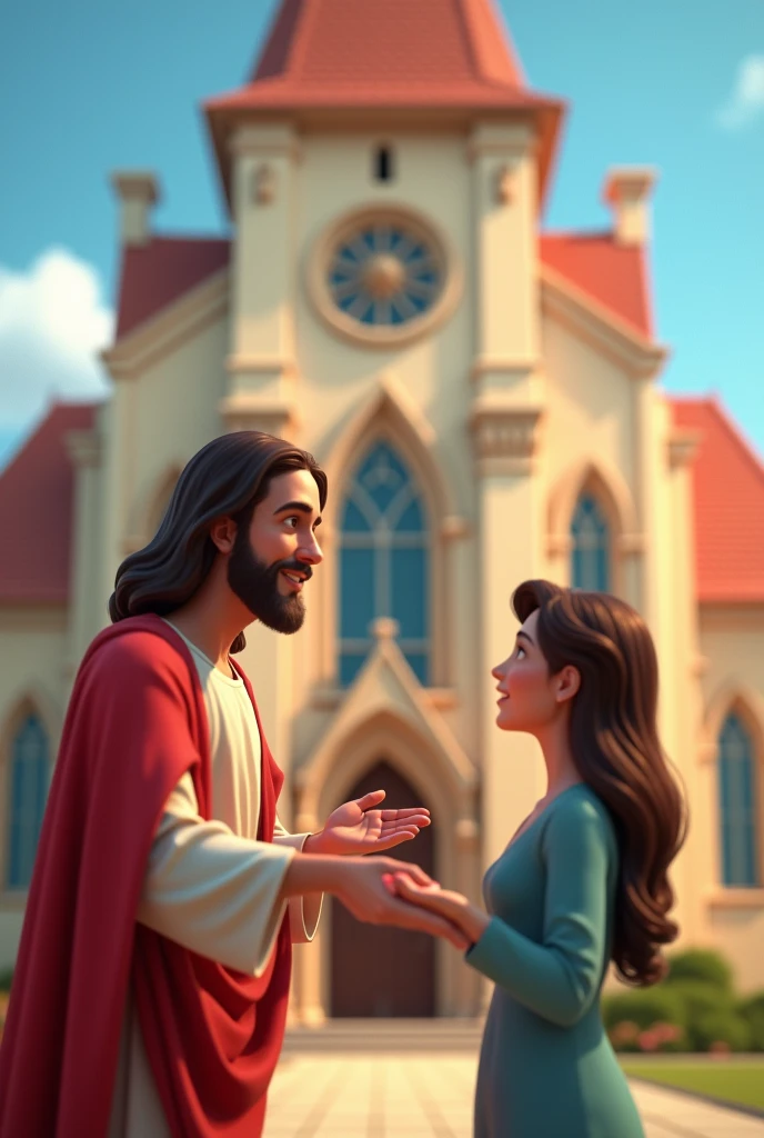 An animated Jesus Christ giving a boyfriend to the girl hand front of church