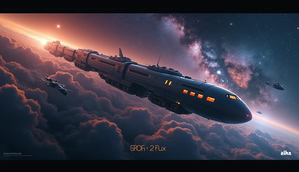 A Hollywood movie poster, text at themiddle says "GROK 2 FLUX" ,Train-shaped spaceship,10-car train,(Beautiful aircraft:2.0),(The background is outer space and the Milky Way:1.6),masterpiece,Highest quality,Ultra-high resolution,(Super detailed),8k,Realistic,Best aesthetics,beautiful,(dynamic)