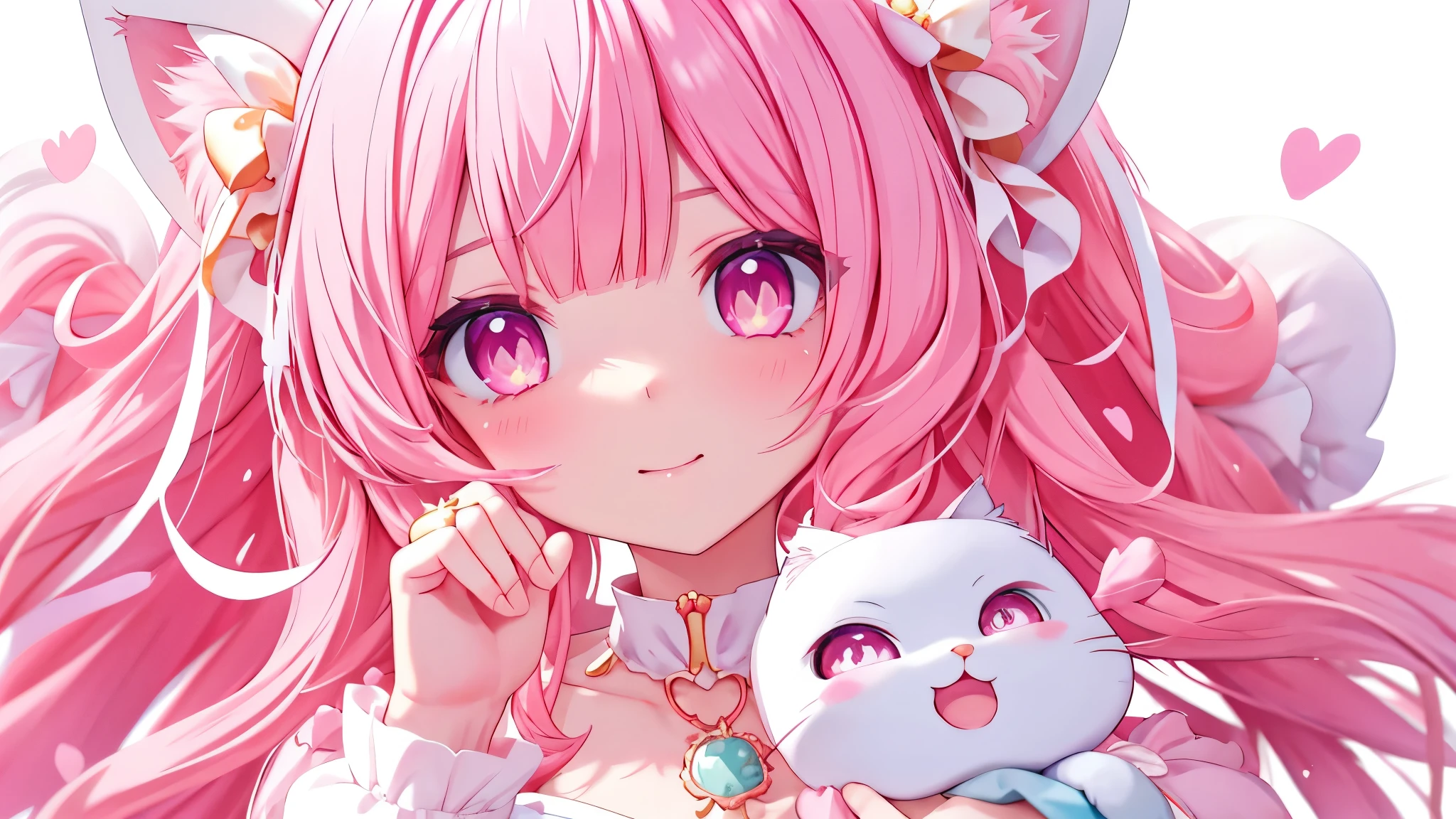 high resolution,smile,woman,woman1人,adult,Clear,cute,Put your hand on your cheek,((Close-up Face)),
blunt bangs,Pink Hair,wavy hair,long hair,BREAK,
 ((Beautiful detailed cat pink eyes:1.2))
Pink eyes,BREAK,
White blouse,BREAK,
Heart Hairpin,Ring of Hearts,Sparklingのピアス,BREAK,
Facing forward,Sparkling,dreamy,BREAK,Pink hearts on a white background,