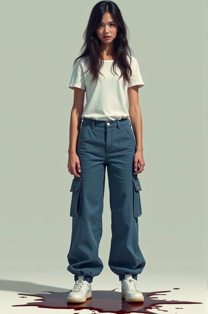 Jeune fille  cheuveux ???? long debout  haut: Tee-shirt  blanc, bas : cargo jean  large couleur bleue, chaussures  sneakers air force 1 blanche.
Désespéré  fait pipi dans son pantalon grosse tache de pipi qui coule le long de son pantalon  et coule dans ses chaussures 