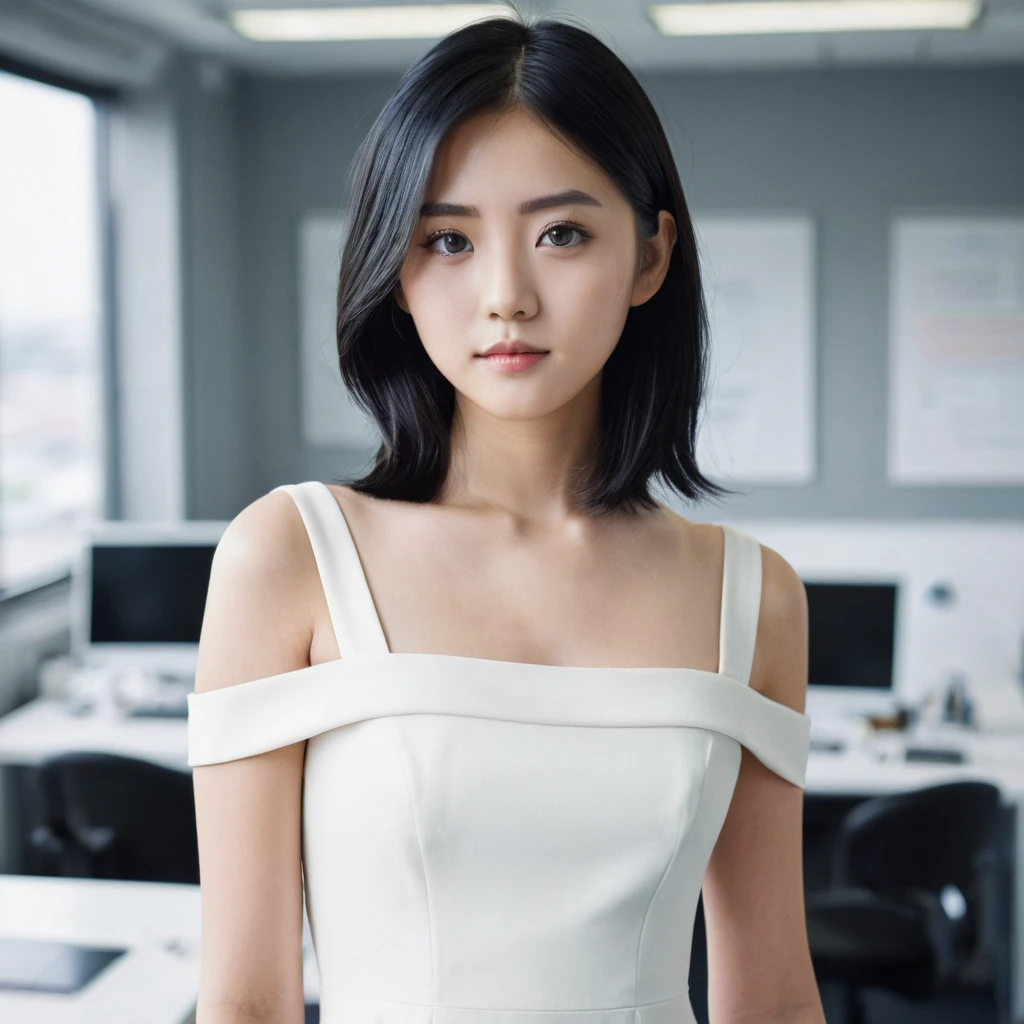 Yui, photo of age 20 year female, black shoulder length hair, (film grain, highly detailed glossy eyes, high detailed skin, skin pores); wear white tight dress, standing in empty office, full body photo