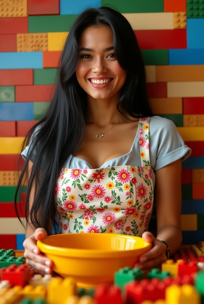 A real beautiful Italian girl with long straight black hair, 2, suspended among the Legos, wearing only a floral apron with a shiny marigold wash dish and happy.. Excellent quality, high detail. 8k image, low angle. Duch shot. look . Her breasts stand out, her sexy and attractive body is happy