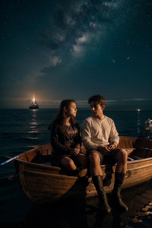 A boy and a girl are sitting in a boat, sword in hand, e.g, loneliness, a high resolution, Sea of Stars, perspective, romance, smallness