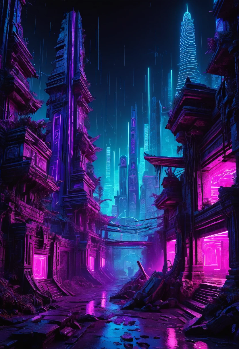 T-shirt design, a 3D digital model of a futuristic tribal cityscape with rain forest and ruins of broken ancient temples and skulptors cryptic trybal symbols glowing in neon lights, in the style of a cyberpunk aesthetic, neon blues, purples, and pinks contrasting against the darker architectural structures, cityscape takes up the lower two-thirds of the frame with the night sky filling the rest, black background --ar 3:4 --v 5.2