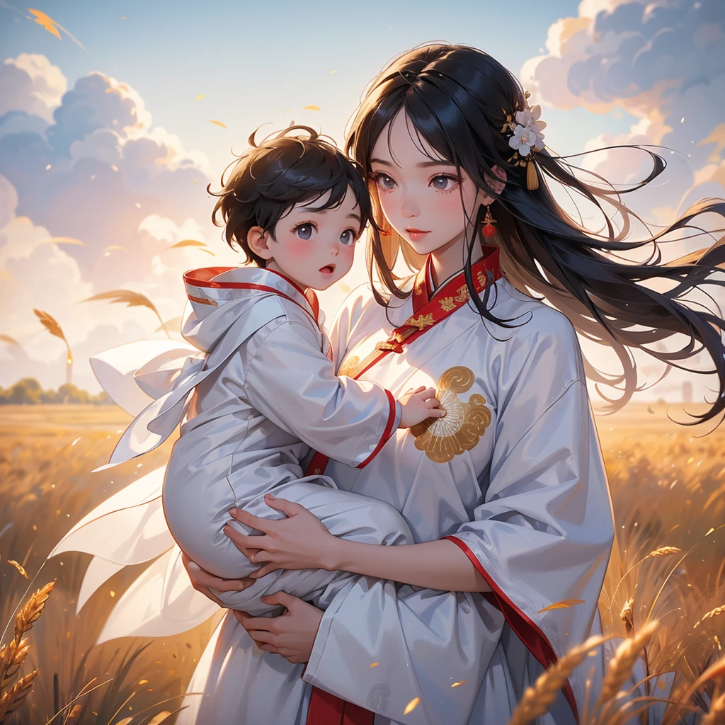 A -yead bab an ancient Chinese baby costume wiis beautiful mother, dressed in an white ancient Chinese costume, Standing in the middle of a wheat field, There are some floating clouds, playing with each other, with his handsome father standing next to his mother, close up.
