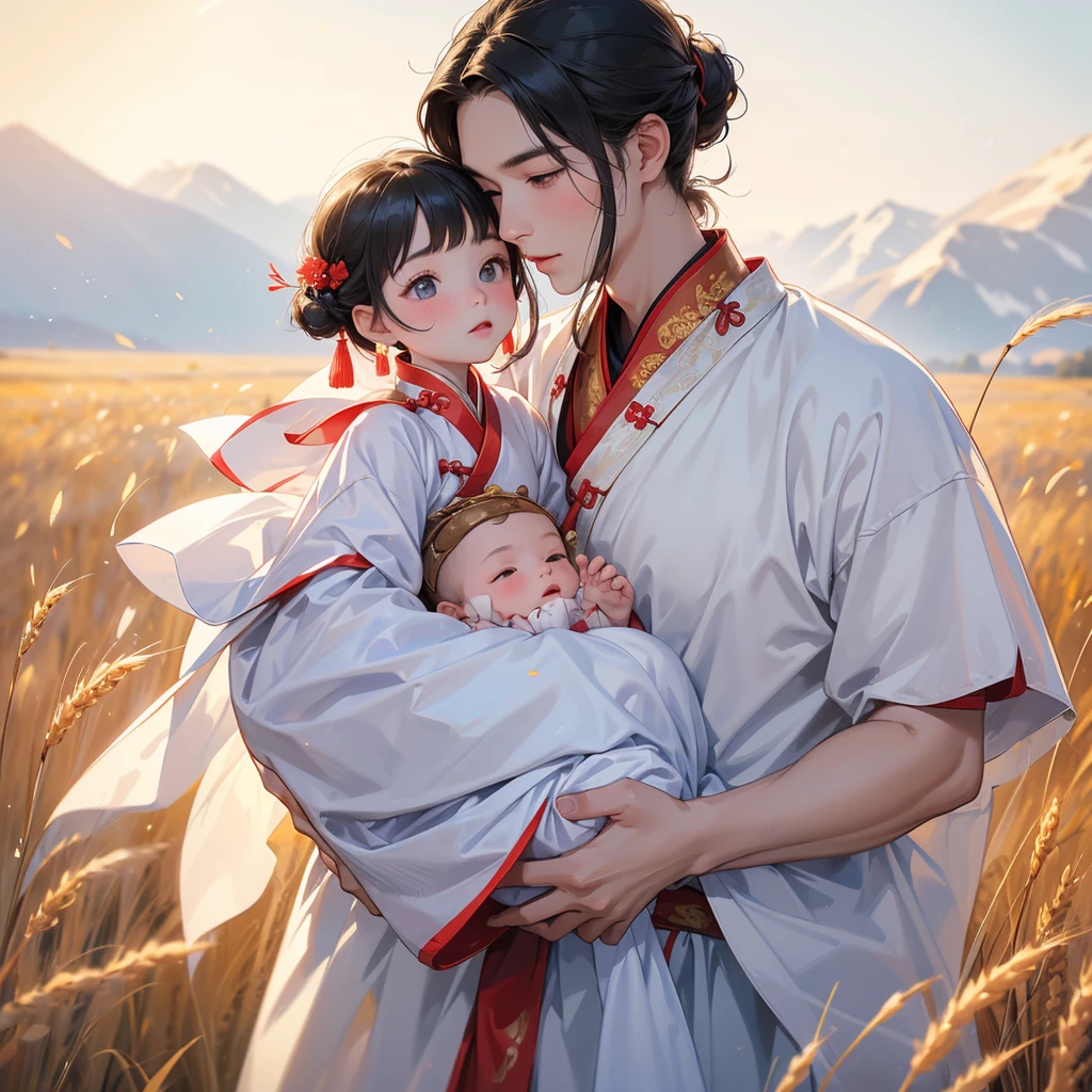A one-year-old baby boy in an ancient Chinese baby costume with his beautiful mother, dressed in an white ancient Chinese costume, Standing in the middle of a wheat field, There are some floating clouds, playing with each other, with his handsome father standing next to his mother, close up.