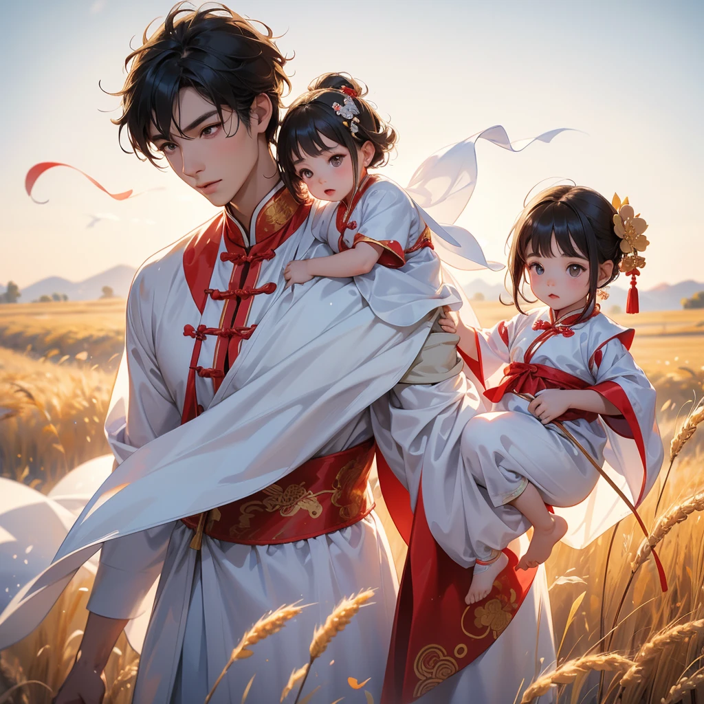 A one-year-old baby boy in an ancient Chinese baby costume with his beautiful mother, dressed in an white ancient Chinese costume, Standing in the middle of a wheat field, There are some floating clouds, playing with each other, with his handsome father standing next to his mother, close up.
