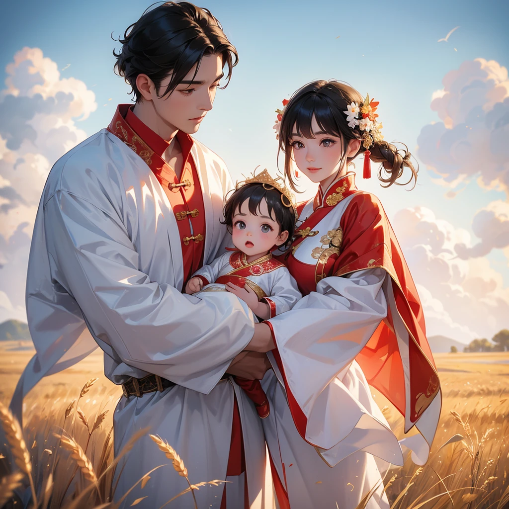 A one-year-old baby boy in an ancient Chinese baby costume with his beautiful mother, dressed in an white ancient Chinese costume, Standing in the middle of a wheat field, There are some floating clouds, playing with each other, with his handsome father standing next to his mother, close up.