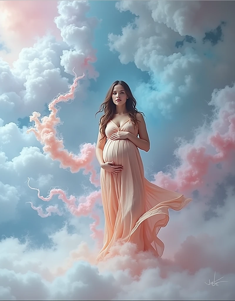 pregnant woman , flower background smoke boms around the lady, pink and blue smokeey coloudy background would be better , peach colour dress. little painting effect 