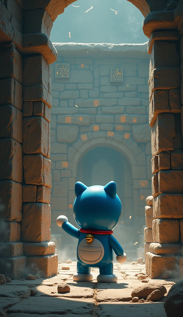 Doraemon stands in front of a wall in the temple., hand touching ancient symbols. All around him were activated traps., with arrows and falling rocks, tạo ra tình huống căng thẳng và nguy hiểm.