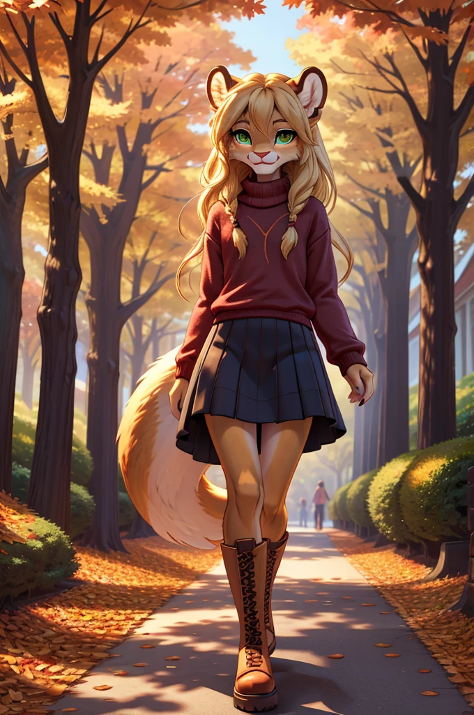 Beautiful, anthro lioness, perfect lighting, highly detailed CG Unity 8k wallpaper, high resolution, perfect lighting, youthful, tall, slim, skinny, frail slender figure, slim legs, distinctly feminine figure, narrow hips, long legs, close-up shot.
Anthropomorphic squirrel character, CG Unity, youthful, tall, slim, beautiful feminine figure, narrow hips, fluffy fuzzy volumetric chestnut brown fur, casual ensemble with a fitted sweater, skirt, tights, ankle boots, large bushy tail curled around her, green eyes, long blonde hair, walking down a park path elegantly, autumn leaves falling gently, bright sunlight casting playful shadows, cheerful and focused on the viewer.