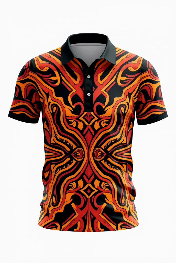 Create for me shirt Maori tribe pattern design orange black red full pattern black collar white background clear design
