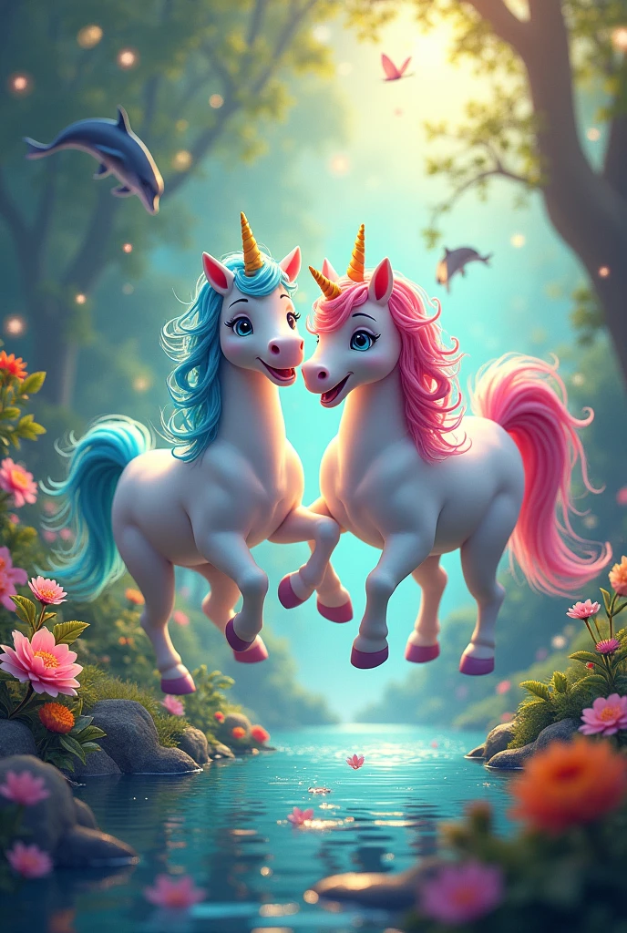 Two happy unicorns with rainbow hair in a brightly lit enchanted forest with flowers and fairies and dolphins and mermaids
