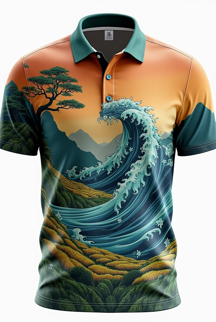 (Sublimation Quarter zip polo)(front and back)(Color:brown,green,white,blue)(Design:Mythical Creature from The Philippines,waves of the sea,nature,like mountain,field of rice)(pattern lines:from bisayan)