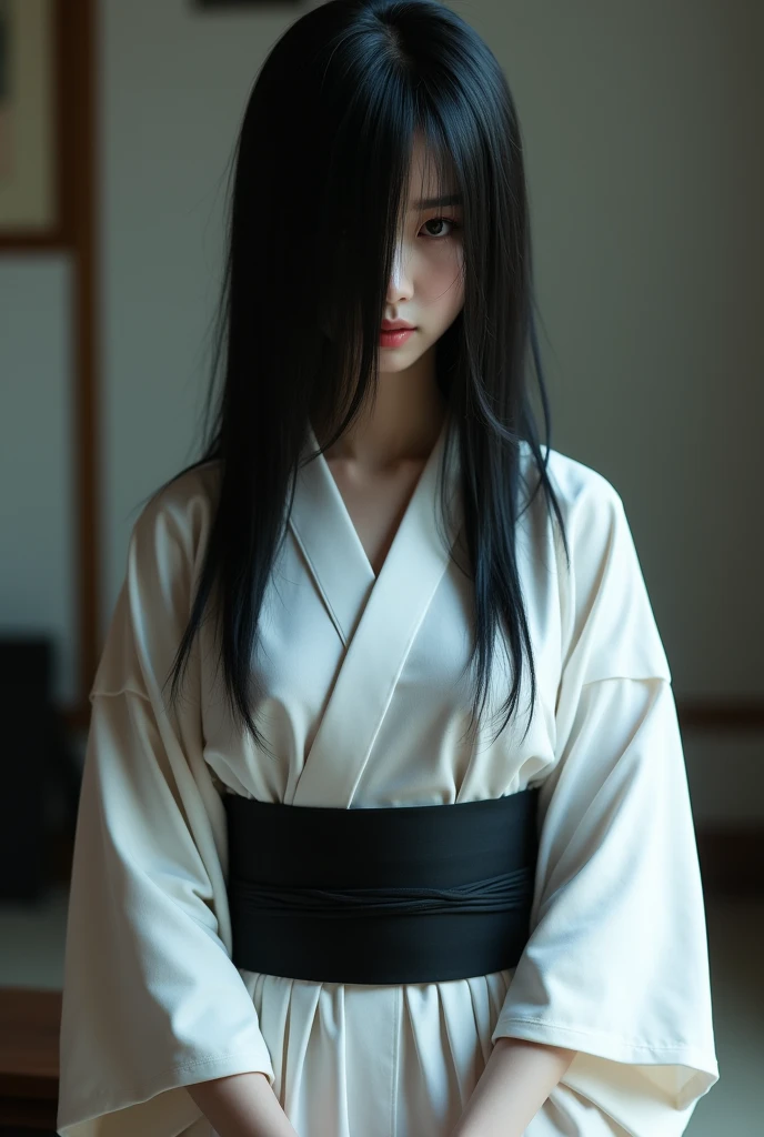 Long straight hair, hair covers most of face, covering both eyes, pale skin, wearing a simple white kimono, black belt, sexy, indoor background