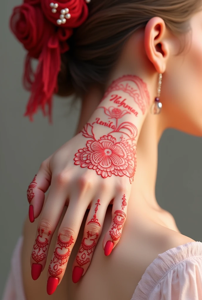 Rahman nabiha written red colour meehendi on girl hand
