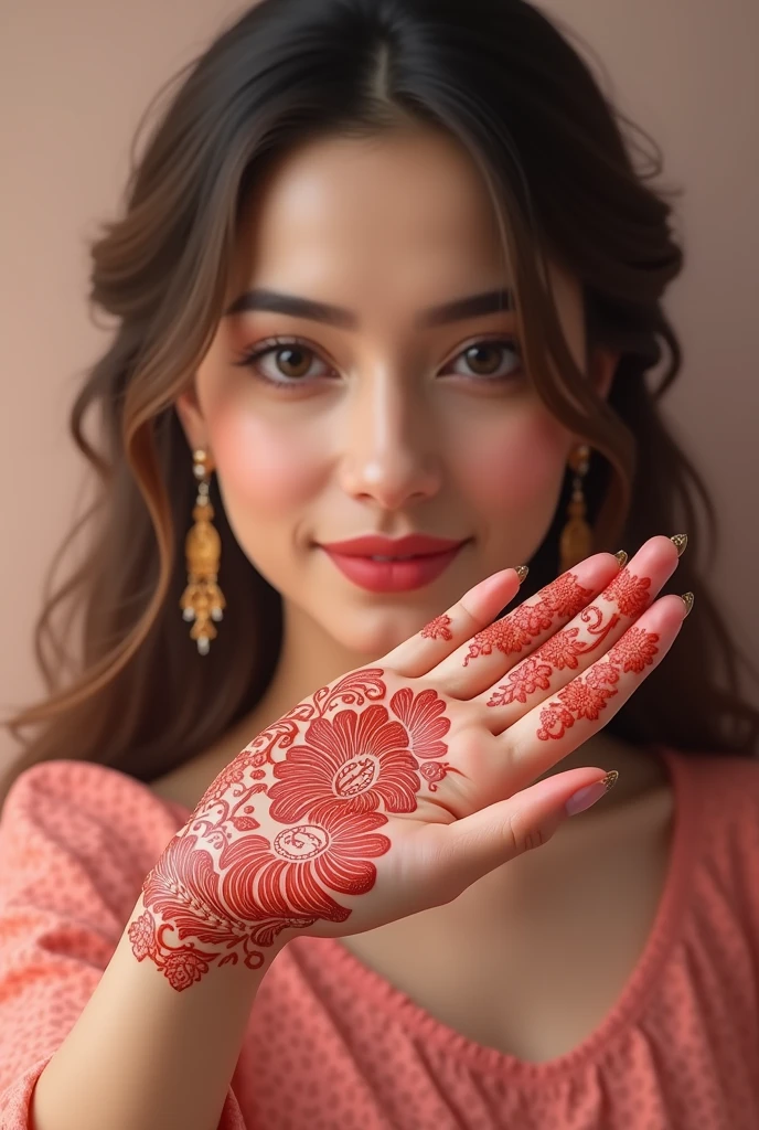 Rahman nabiha written red colour meehendi on girl hand