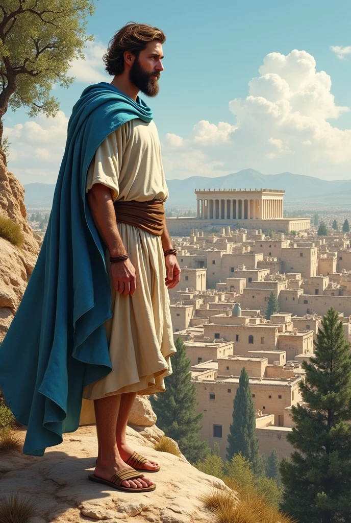 A 50-year-old man with fair skin and blue eyes, beard and brown hair, of 1.80 bone-colored tunic dress, short coffee skirt, sandals and sky blue cloak is on top of a mountain, surrounded by olive trees, a profile view of Jerusalem in the 1st century, whose houses are low, made of stone and a wooden roof, and facing the mountain you can see the temple of King Herod, rectangular and imposing