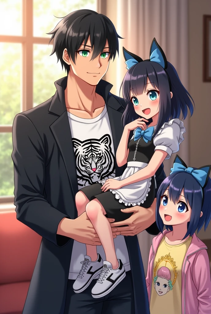 A 2 anime fantasy handsome guy with bright green eyes , a black fit coat with and a white t-shirt with a picture of black tiger in the middle of that . black neat hair and a soft kindly smile on his face , a strong body as a sign of exerciser being , lifted up and spine around an innocent 4-year-old fantasy anime girl with big and blue eyes that twinkle in the room light, playfully and softly chuckles with blushed cheeks, while she is suspended in his arms , Her arms are slightly opened as a sign of joy , her white and black and blue baby maid outfit with unreal cat ears and two blue bow ties on her head, fairly long straight black hair, in the middle of the living room , and in a moment , An 25-year-old fantasy anime gangster strong girl with shiny blue eyes, an enjoyable look and a soft smile on her face while chuckle , a kind and affectional look, blushed cheeks, a light yellow t-shirt with a fantasy princess in flower view in the middle, and a pink jacket with white lines on it. White and black sports shoes and golden bracelet with golden flower design, a sky blue jean , long straight blue hair , in the middle of the living room , looking to that guy and girl . enjoying moment as a family