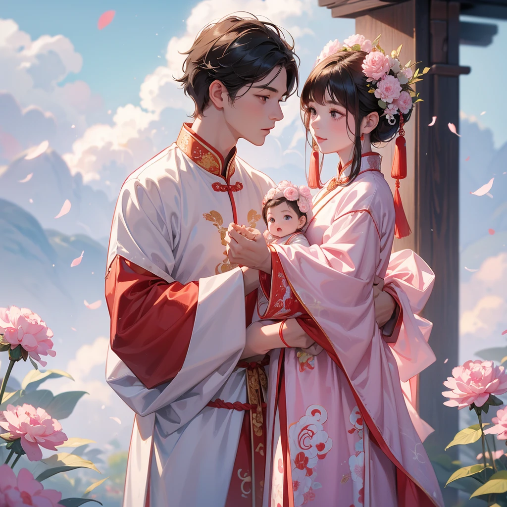 A one-year-old baby boy in an ancient Chinese baby costume with his beautiful mother, dressed in an white ancient Chinese costume, Standing in the middle of pink carnations, There are some floating clouds, playing with each other, with his handsome father standing next to his mother, close up.