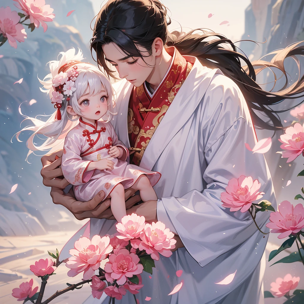 A one-year-old baby boy in an ancient Chinese baby costume with his beautiful mother, dressed in an white ancient Chinese costume, Standing in the middle of pink carnations, There are some floating clouds, playing with each other, with his handsome father standing next to his mother, close up.
