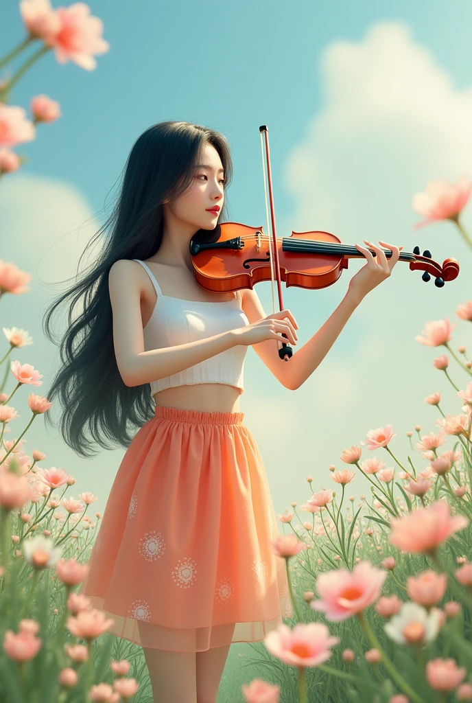 full lenght hiper 2k like a scene from a movie, in the middle of a small field of white and pink flowers, a beautiful, sweet, and gentle young woman of 20 years old, wearing a white sleeveless dress, a short orange skirt, small pink flower patterns, long black hair, standing and playing the violin in the midst of a beautiful atmosphere. Oil painting, 3D painting, art of Professor Chalermchai Saengruangrong, with film-quality clarity.