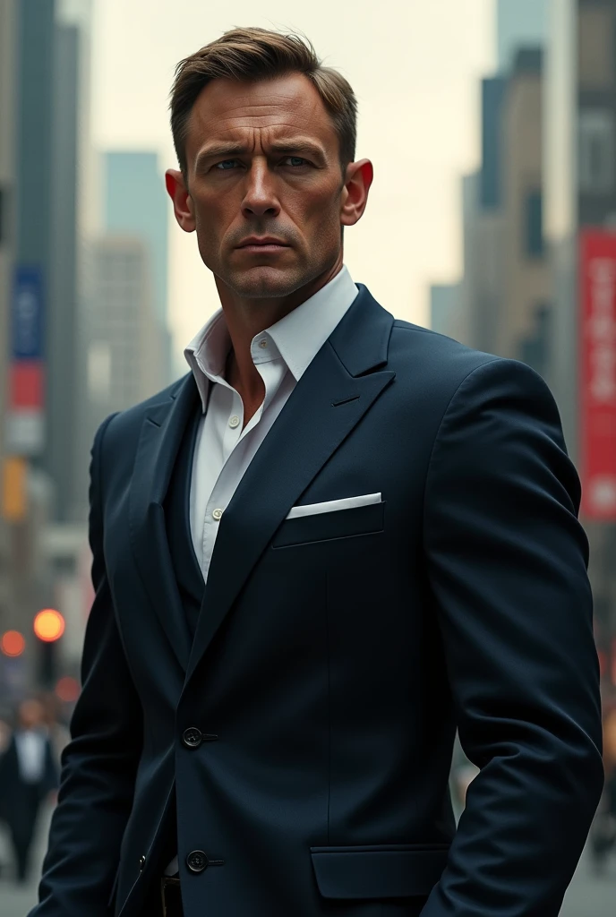 1 man, solo, tall, James bond, british, hunk, muscular, bulk, wide shoulder, photorealism, best quality, masterpiece, high resolution:1.2, high detailed suit, high detailed face, award winning, detailed facial lines, tensed face, close look, city background