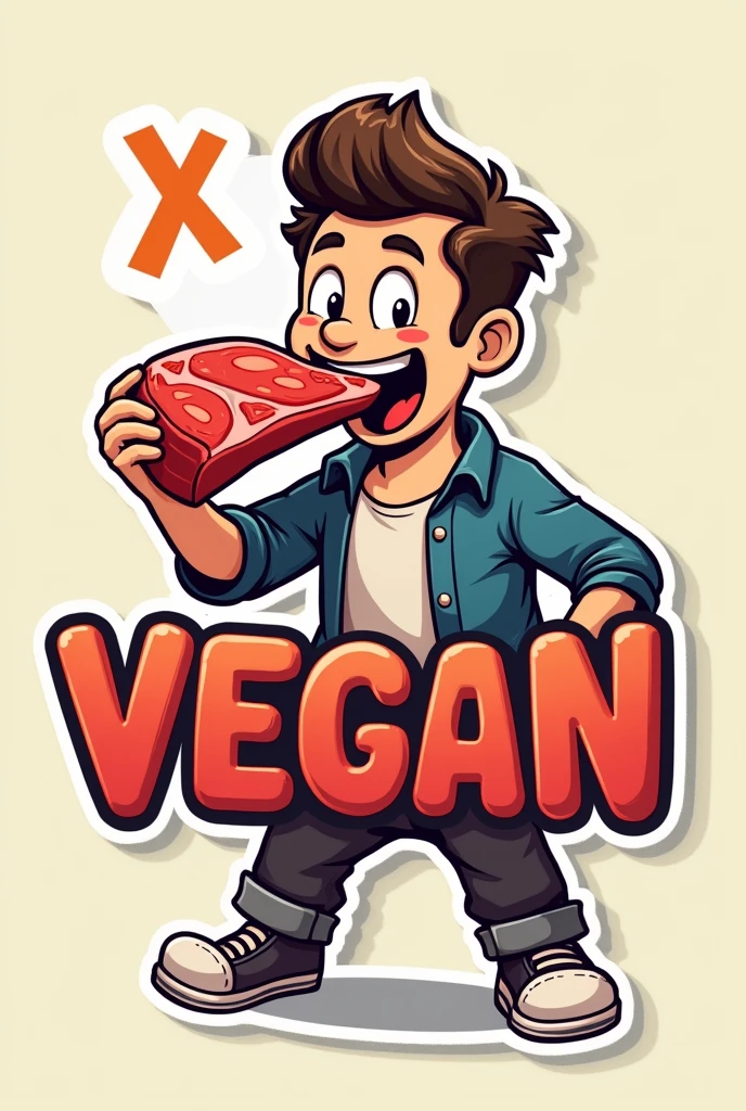 Sticker saying "Not-Vegan" with a transparent X on top of the word vegan. Man enthusiasticly eating meat behind the text. Cartoon style