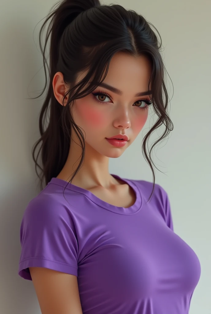 fille sans prix, visage sexy, regard coquin, yeux marrons, t-shirt violet, queue de cheval, Fille mince, Fille maigre, chef-d'œuvre, point de vue