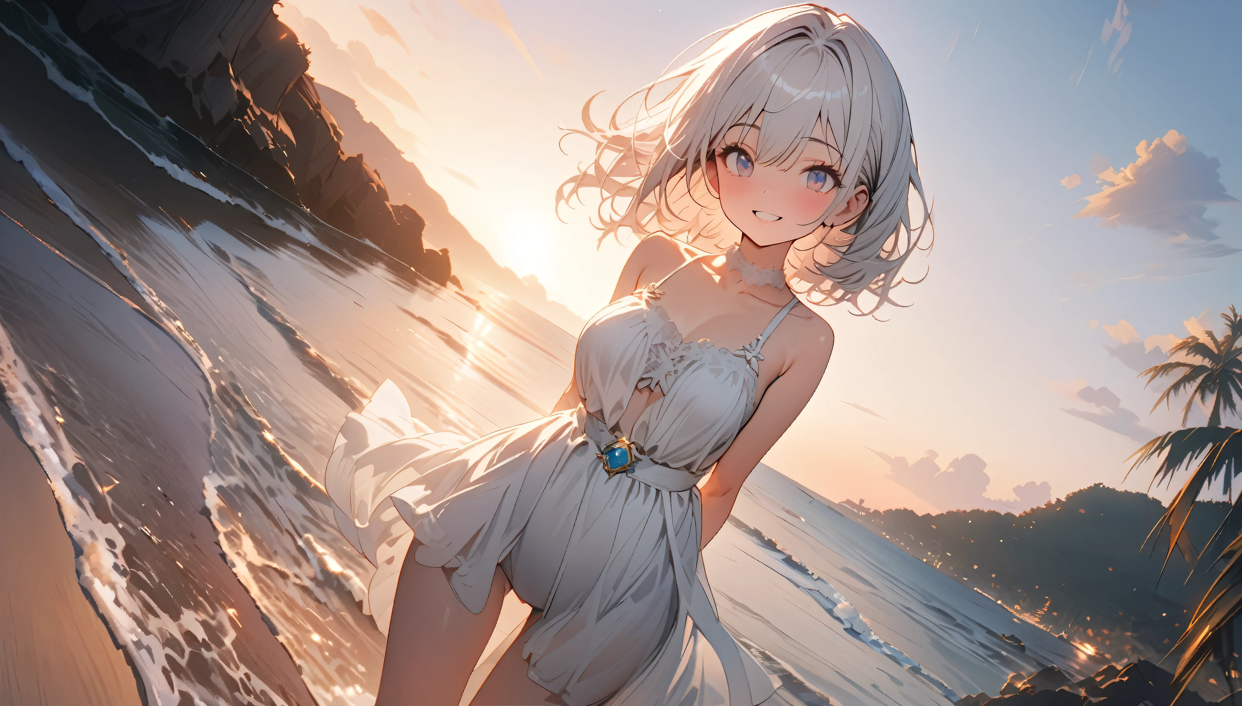 Beautiful girl with long white hair，chiffon，White suspender bikini，On the beach，Wide-angle shooting，Vision，Shooting at an elevated angle，Low Angle of View，whole body，Sunset，Dusk，Sunset，Smile，Hands behind your back，best quality, 4K, 8k, Very detailed, High Detail, masterpiece