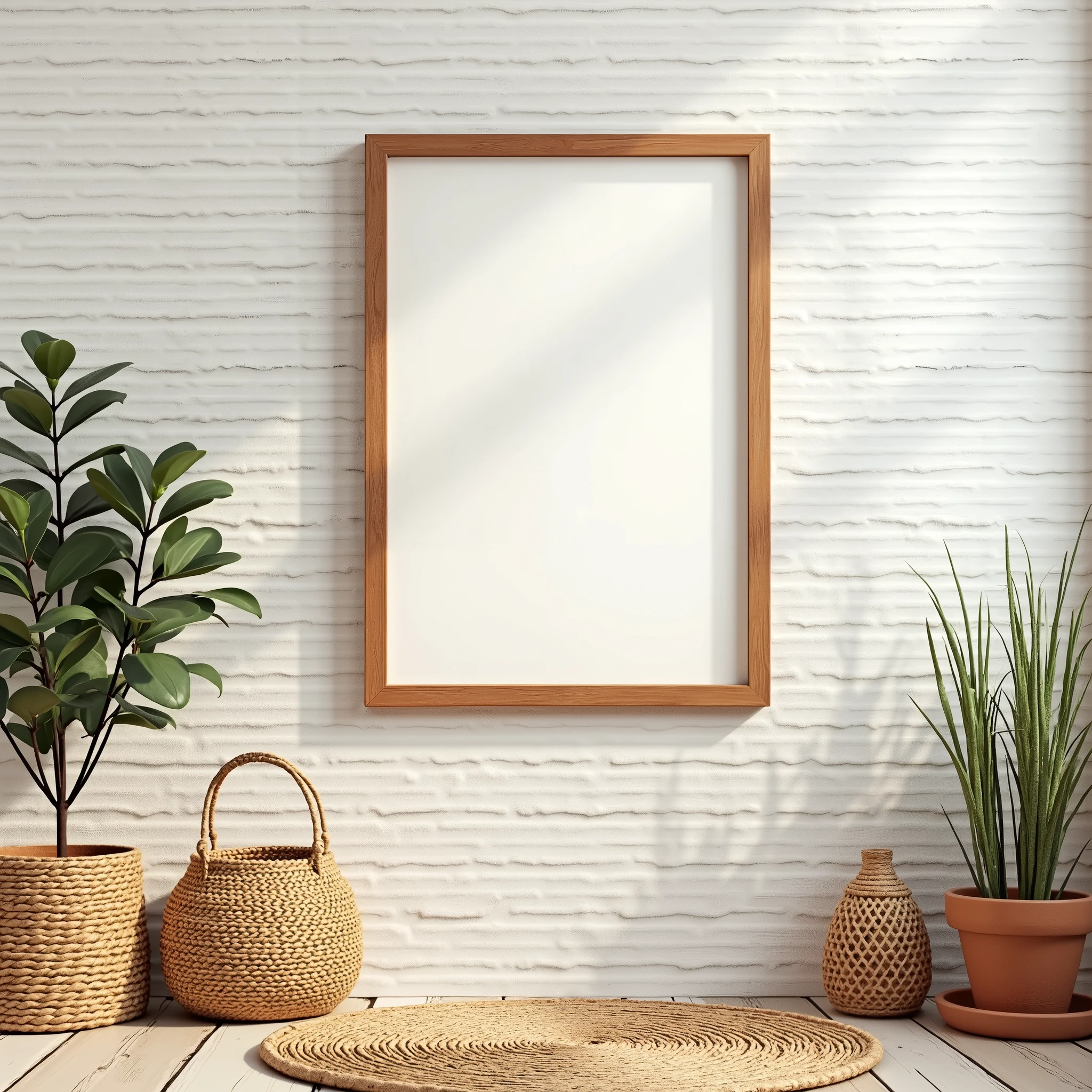 A warm wooden DIN A ratio frame hanging on a whitewashed brick wall. The scene includes a woven rug, a potted plant, and a basket made of natural fibers, adding a cozy, bohemian feel.