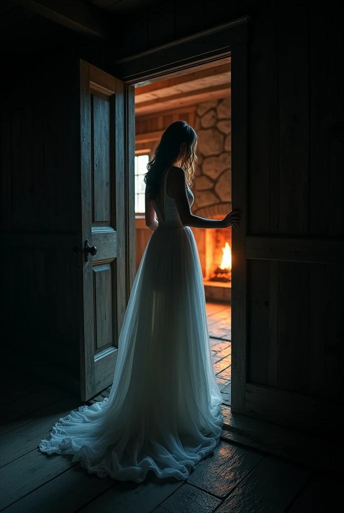 A dimly lit, rustic cottage interior at night. In the foreground, a young woman in a flowing white wedding gown stands in the doorway, her hand still on the door handle, frozen in shock. The camera is positioned at a low angle, slightly behind her, capturing her silhouette against the warm light of the room. In the background, a man and another woman are entwined by the fireplace, oblivious to the bride's presence. The lighting is soft but tense, highlighting the contrast between the warmth of the scene inside and the cold, stark reality outside