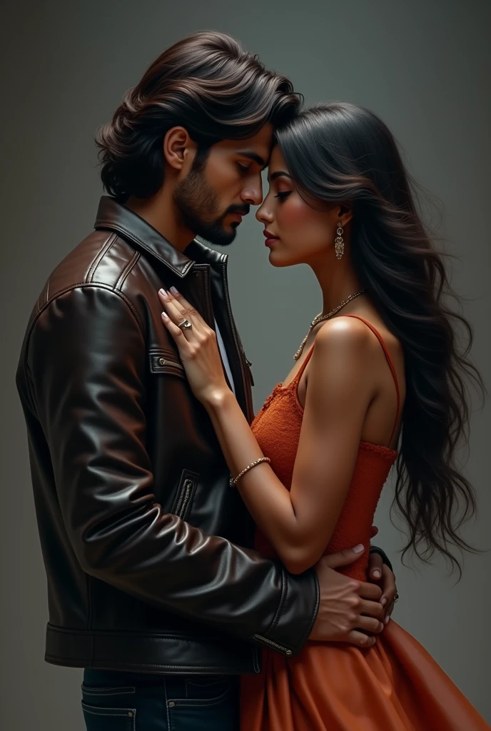 Masterpiece, Superb Clothing, (Illustration), ((2 People)), ((Handsome Young indian Couple Kissing and Hugging), (in indian Style), Fashion, Leather Jacket, (Long Hair), (Happy), (White Skin), (Dark Circles), Handsome, , Toast, Trend, Dark Gray,, Close Up, (Grand Background), (Chiaroscuro)), Fine Face Details, Facial Details, Cinematic Lighting, (Depth of Field), UHD, (Upper Body), black Background