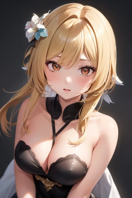 High resolution, One person, Detailed face, Anime CG style, (Beautiful breasts), (18-year-old girl), No background,Good lighting, Portrait Image,Perfect body, Eyes Wide Open, Strapless Dress,Blonde,　Short Layer Hair,Soft, fluffy hair