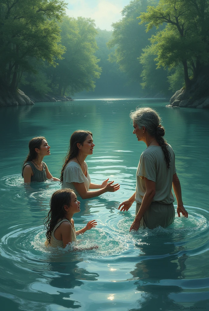 lake, 3 people drown at the same time, Cry, elderly mother wife and little daughter, at a distance from each other, calling for help, everyone raise your hands,
