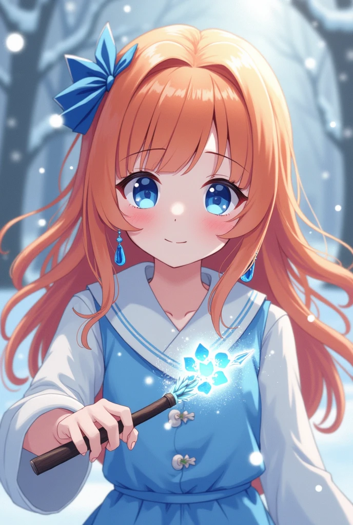 a small girl with a gentle face and orange hair that resembles the color of autumn leaves, slightly wavy to her waist, with bangs that cover the left side of her forehead and the sideburns on the right side are braided. Tied with a blue ribbon, her big blue eyes make her look even more adorable. In addition, she also wore a pair of lotus-shaped teardrop earrings. she is an anime character. she was using ice magic to make it rain snow from her wand.